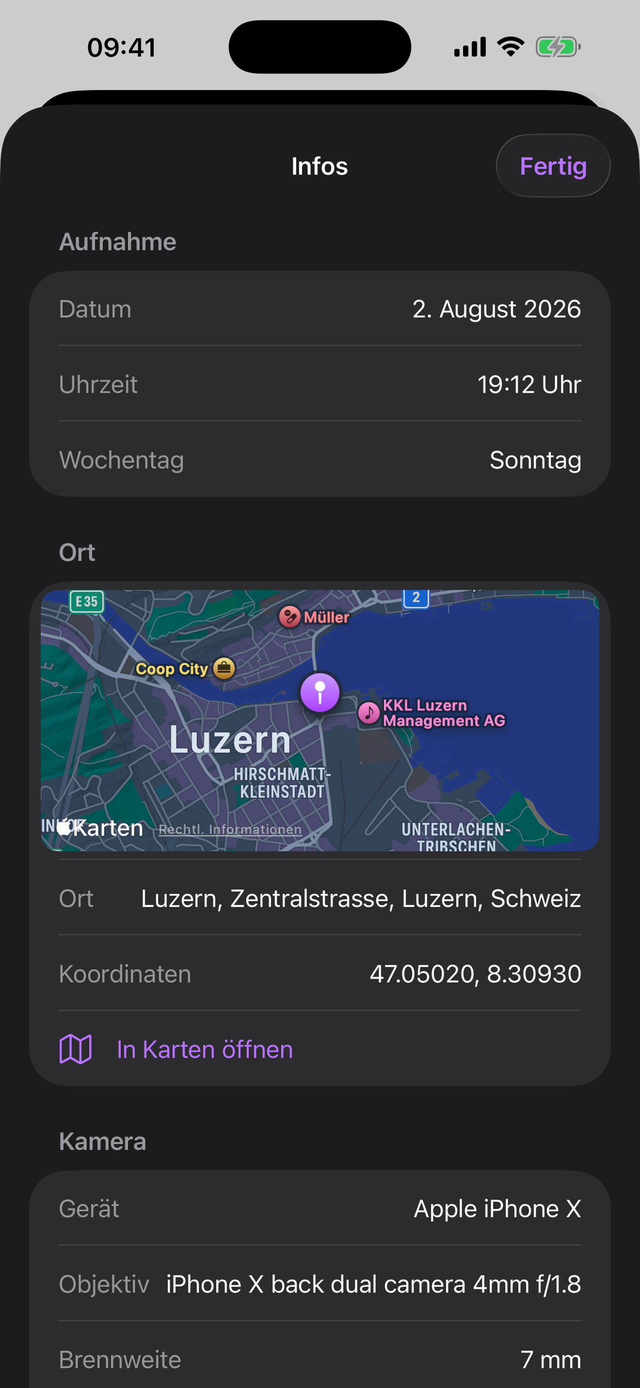 Aufnahmedaten und Ort zu einem Foto