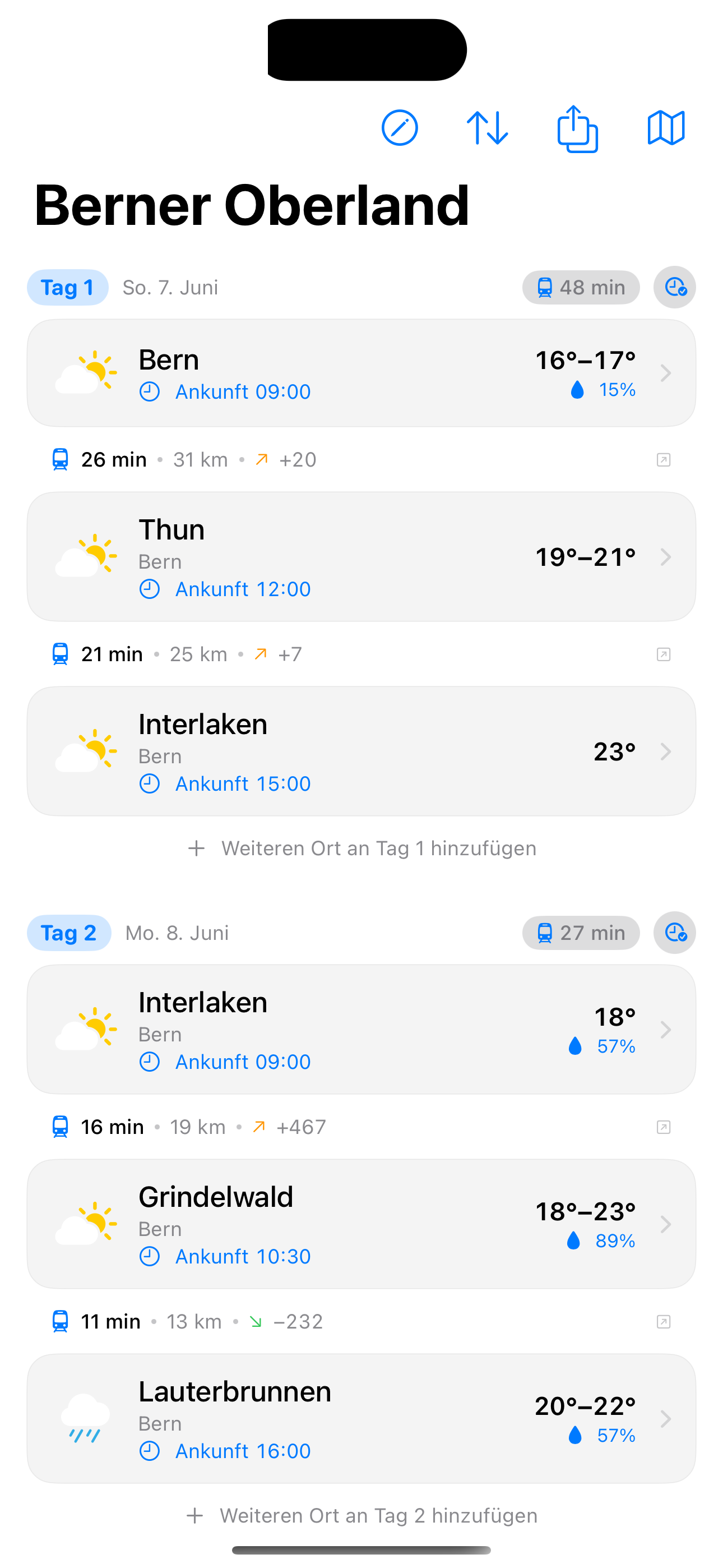 Reise-Detail mit Wetter und Route pro Stop