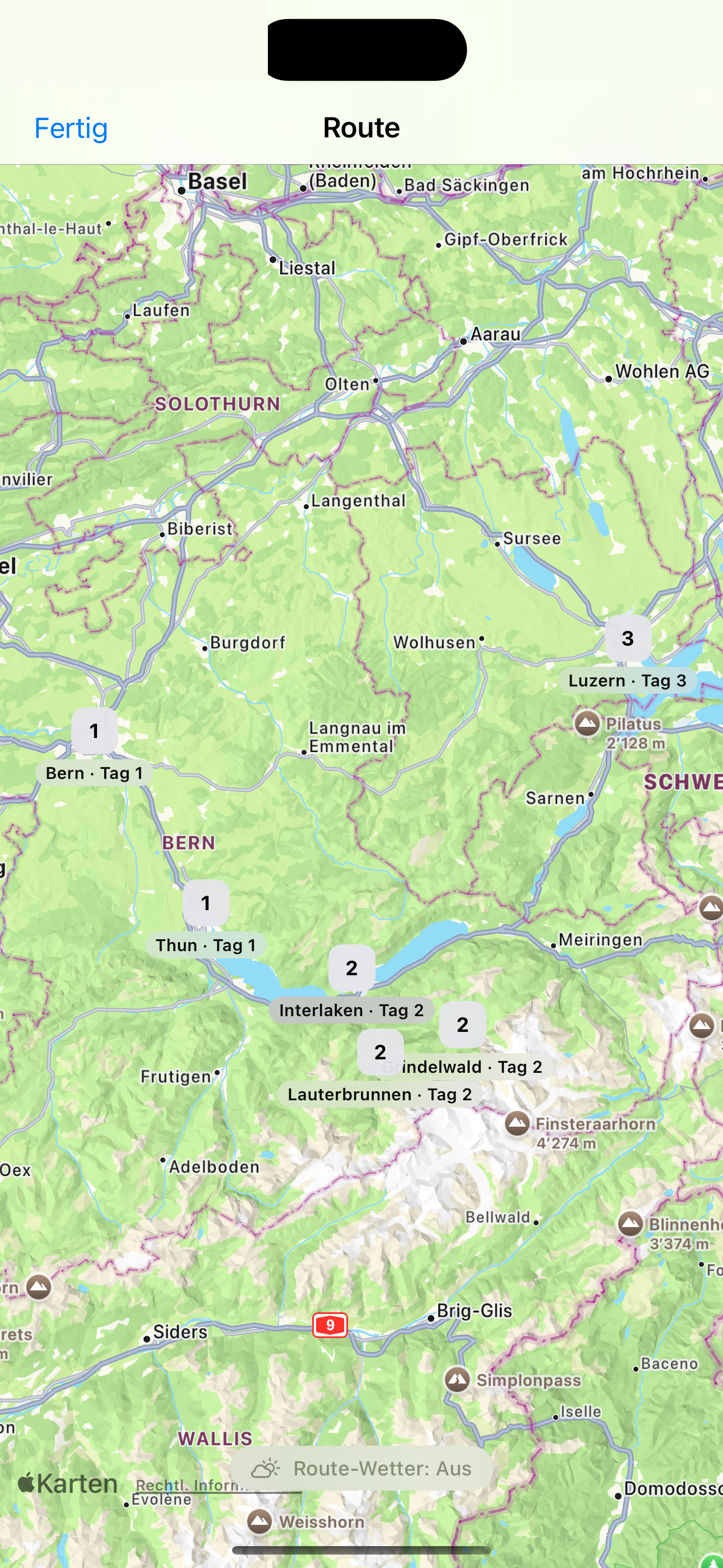 Karte mit Route und Wetter
